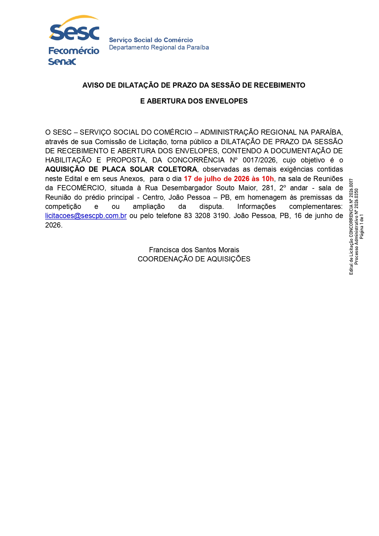 SESC – AVISO DE DILATAÇÃO DE PRAZO DA SESSÃO DE RECEBIMENTO E ABERTURA DOS ENVELOPES