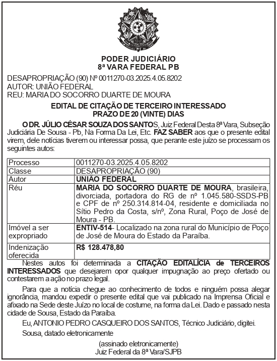 SECRETARIA NACIONAL DE SEGURANÇA HIDRICA – SNSH – MDR – DF – BRASÍLIA – Edital de Citação de Terceiro Interessado – ENTIV- 514 (MARIA DO SOCORRO DUARTE DE MOURA)