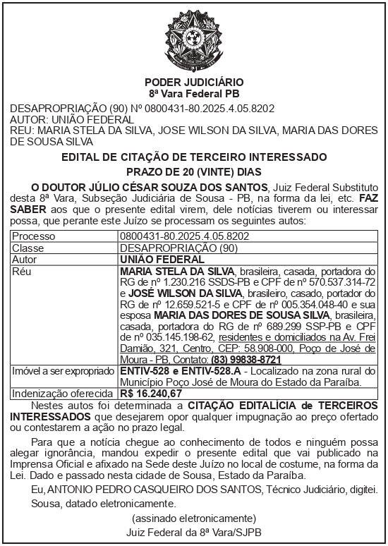 SECRETARIA NACIONAL DE SEGURANÇA HIDRICA – SNSH – MDR – DF – BRASÍLIA – Edital de Citação de Terceiro Interessado – ENTIV- 528 e ENTIV-528.A (MARIA STELA DA SILVA)