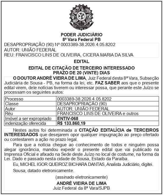 SECRETARIA NACIONAL DE SEGURANÇA HIDRICA – SNSH – MDR – DF – BRASÍLIA – Edital de Citação de Terceiro Interessado – ENTIV- 068 (FRANCISCO LINS DE OLIVEIRA)