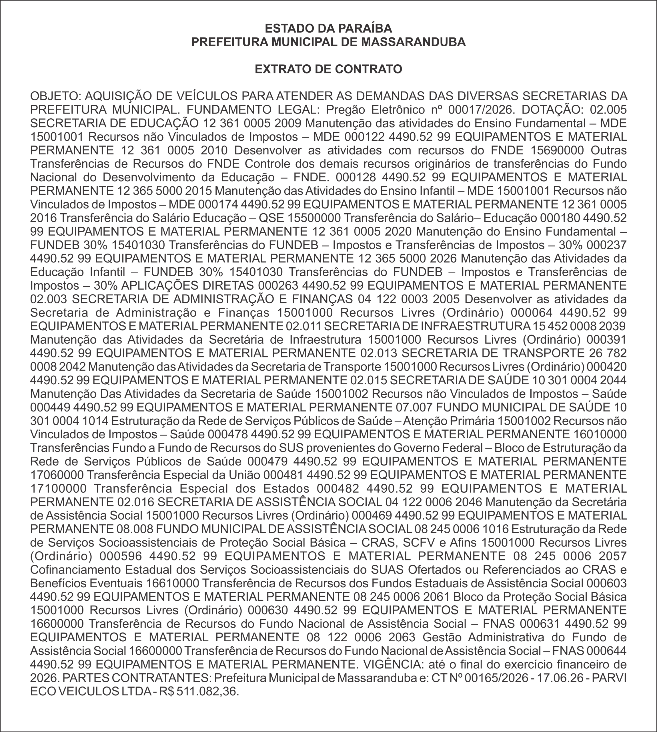 PREFEITURA MUNICIPAL DE MASSARANDUBA – EXTRATO DE CONTRATO