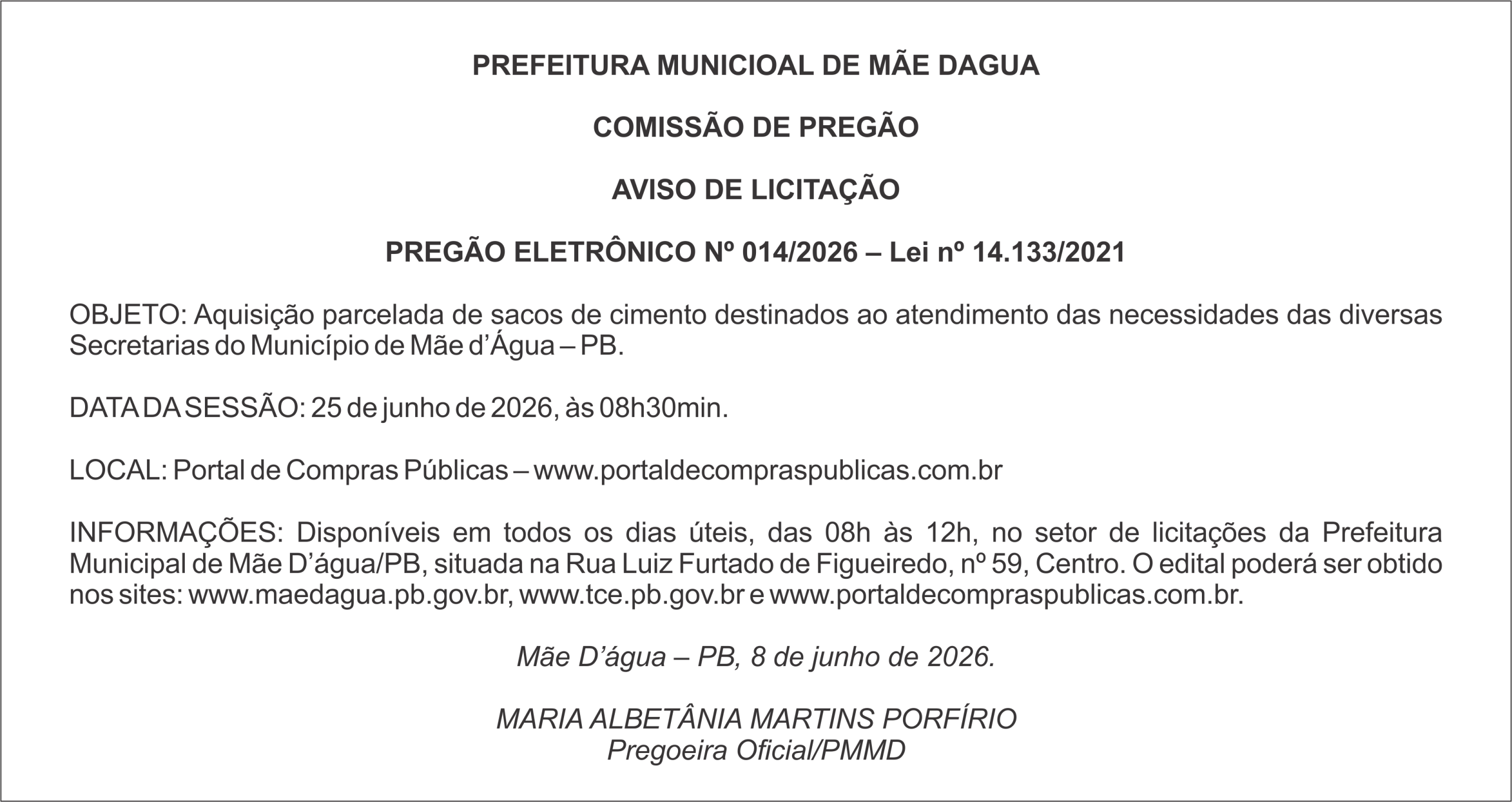 PREFEITURA DE MÃE DAGUA – AVISO DE LICITAÇÃO  PREGÃO ELETRÔNICO Nº 014/2026