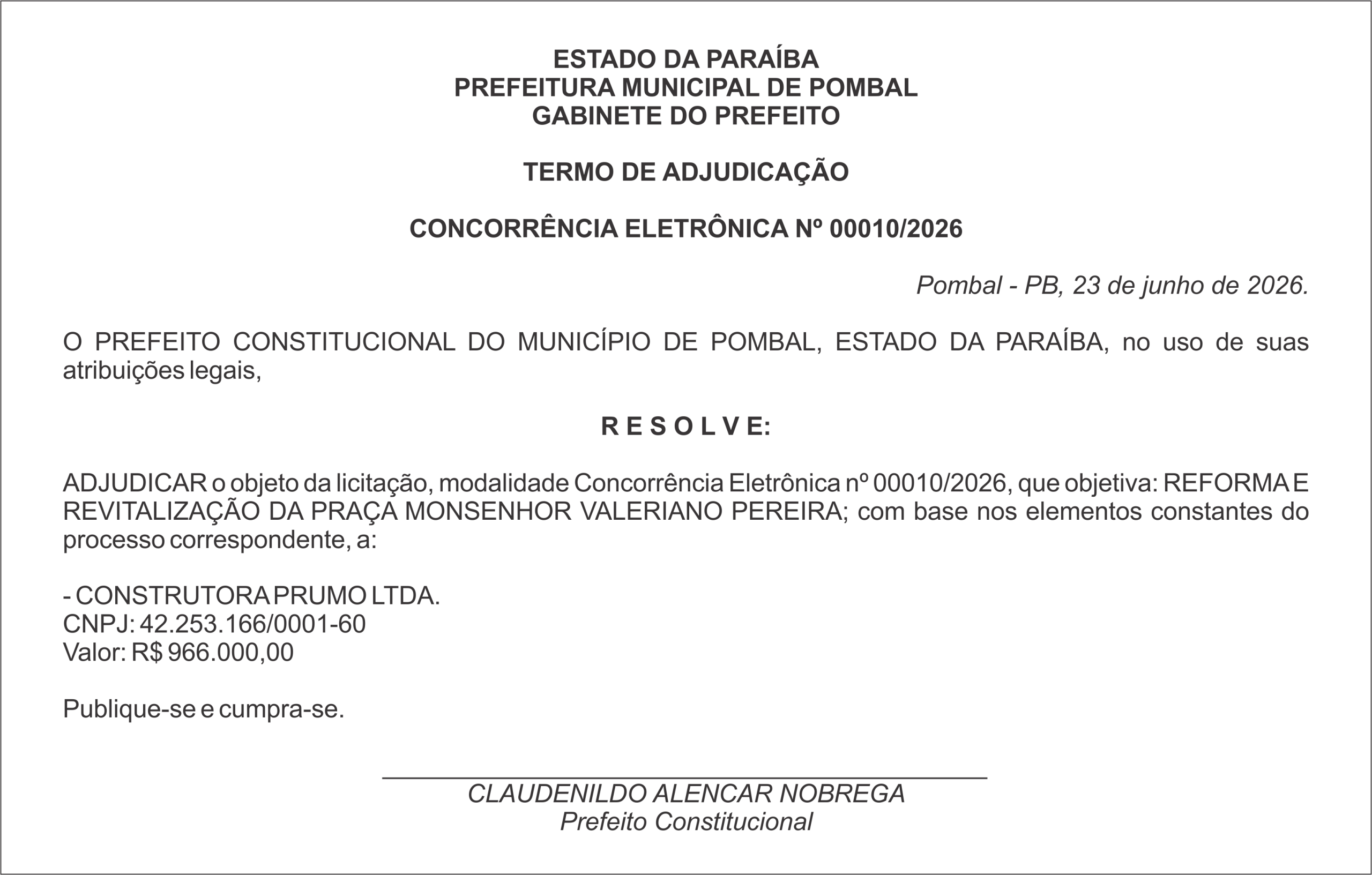 PREFEITURA MUNICIPAL DE POMBAL – TERMO DE ADJUDICAÇÃO  CONCORRÊNCIA ELETRÔNICA Nº 00010/2026