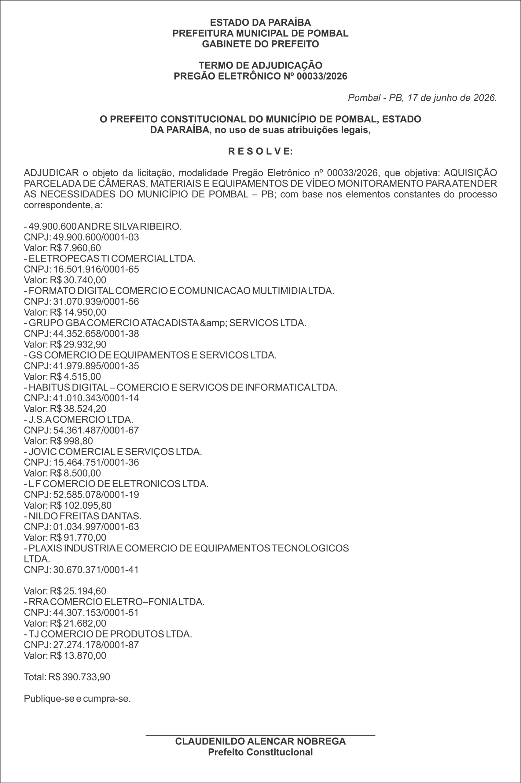 PREFEITURA MUNICIPAL DE POMBAL – TERMO DE ADJUDICAÇÃO PREGÃO ELETRÔNICO Nº 033/2026