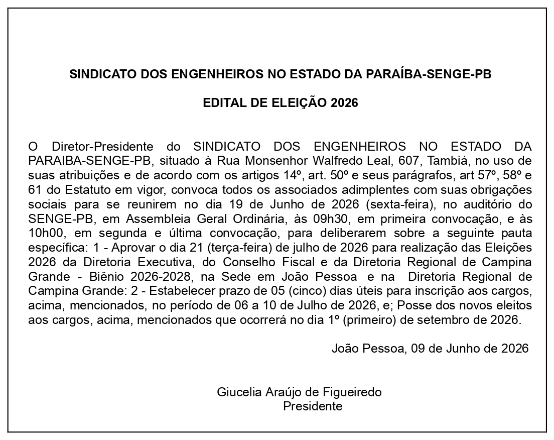 SINDICATO DOS ENGENHEIROS NO ESTADO DA PARAÍBA-SENGE-PB – EDITAL DE ELEIÇÃO 2026