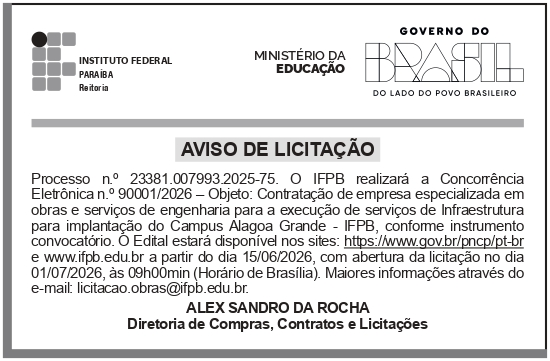 IFPB – PB – JOÃO PESSOA – REITORIA – Concorrência 01/2026 – ALAGOA GRANDE