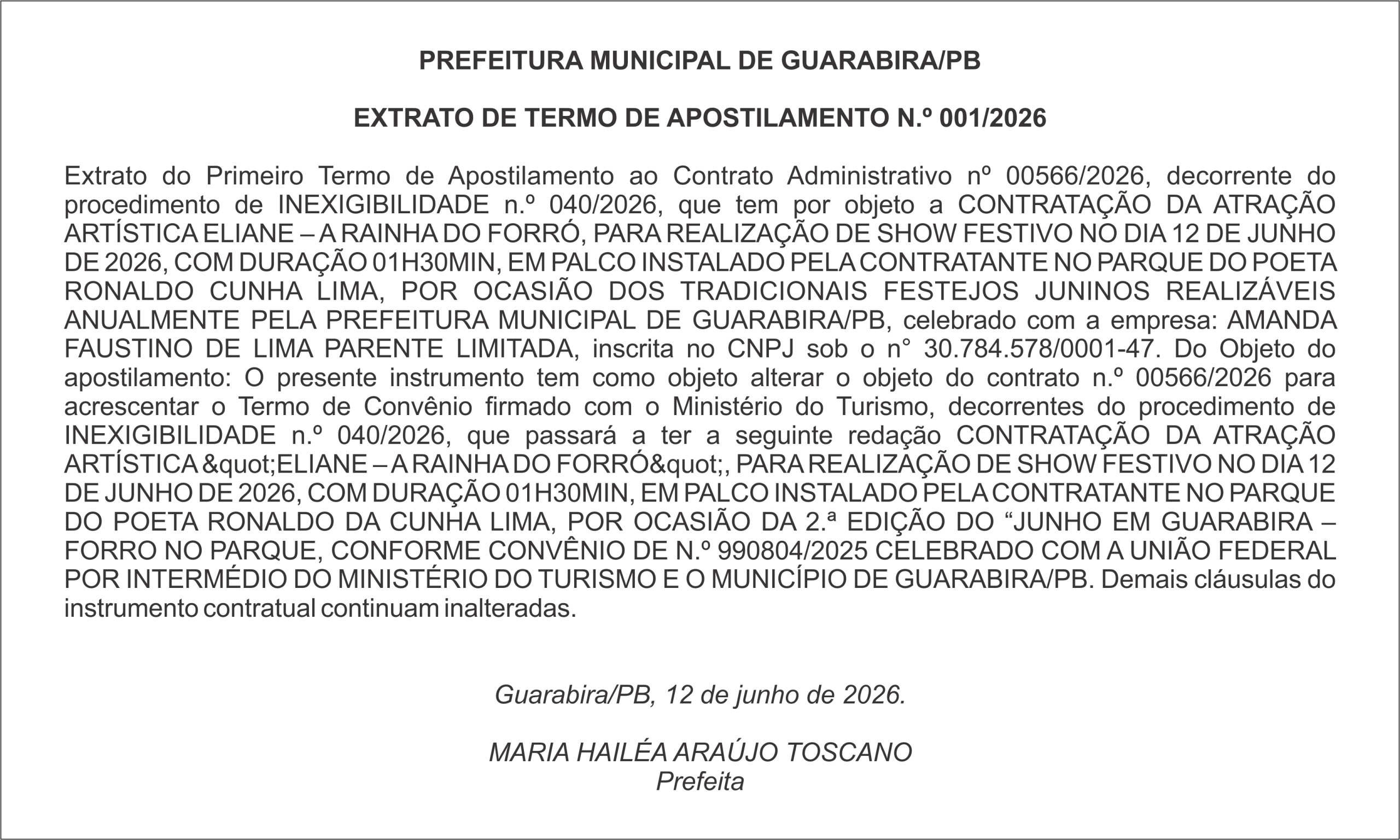 PREFEITURA MUNICIPAL DE GUARABIRA/PB EXTRATO DE TERMO DE APOSTILAMENTO N.º 001/2026
