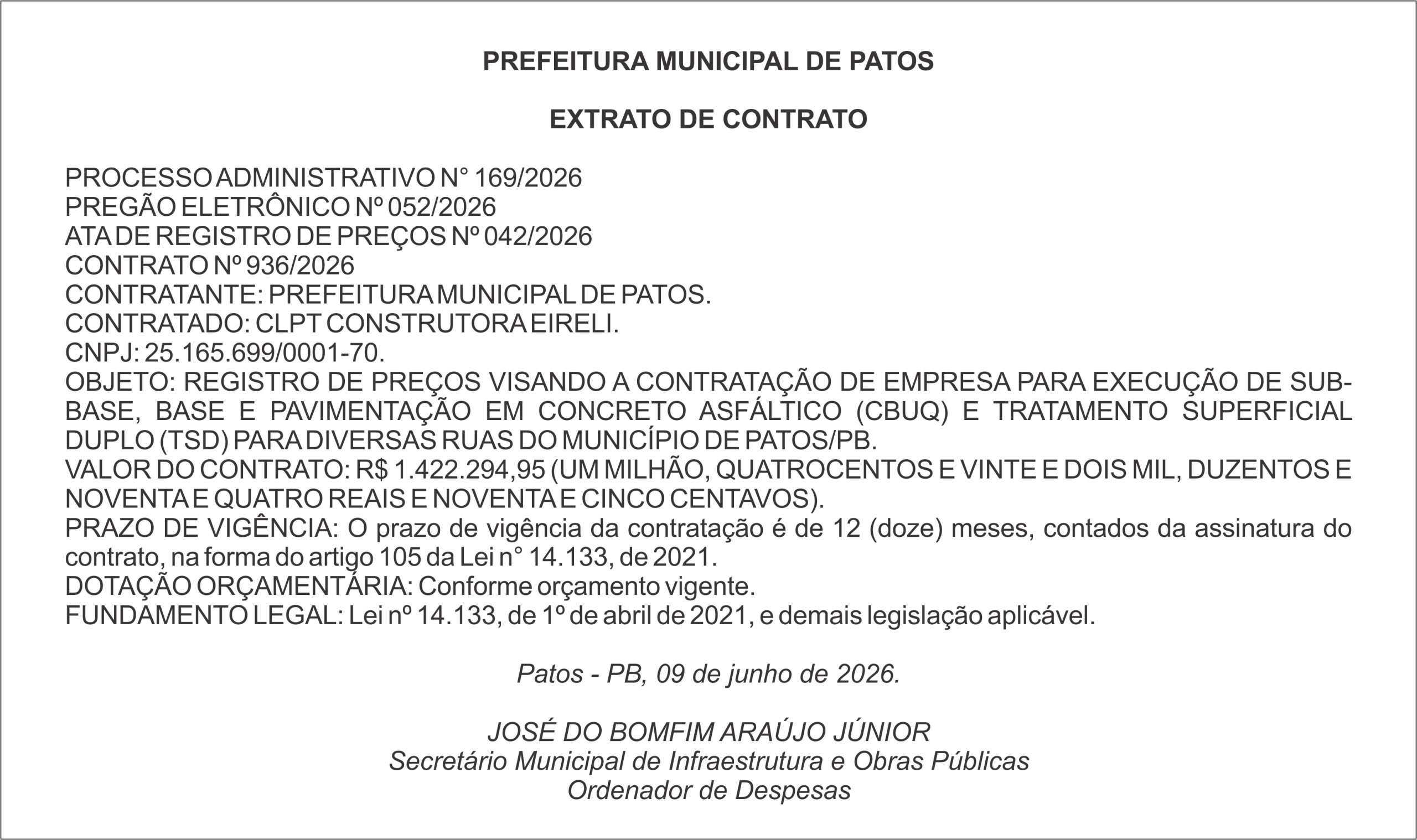 PREFEITURA MUNICIPAL DE PATOS/PB – EXTRATO DE CONTRATO