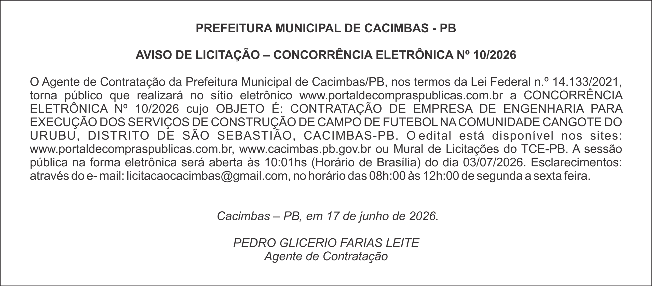PREFEITURA MUNICIPAL DE CACIMBAS – PB – AVISO DE LICITAÇÃO – CONCORRÊNCIA ELETRÔNICA Nº 10/2026