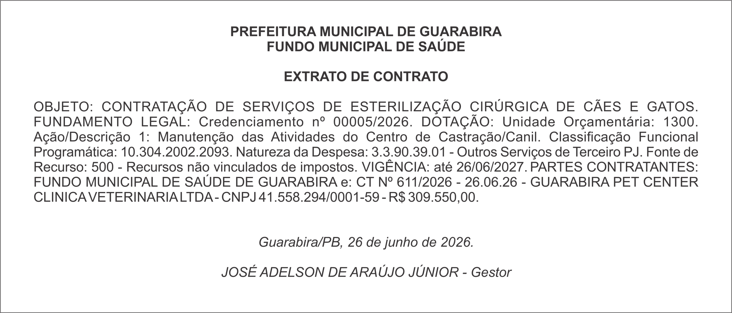 PREFEITURA MUNICIPAL DE GUARABIRA – FUNDO MUNICIPAL DE SAÚDE – EXTRATO DE CONTRATO