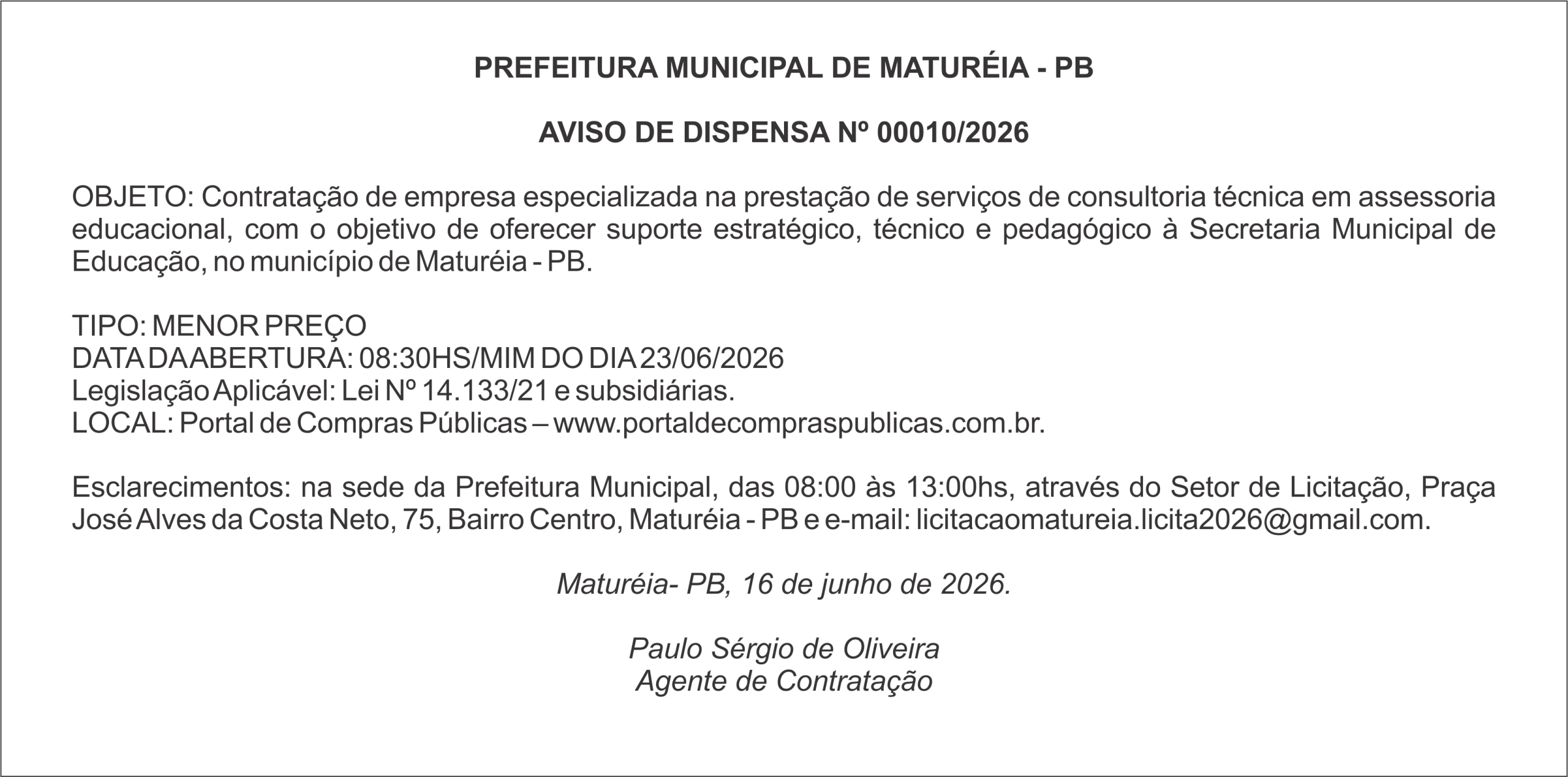 PREFEITURA MUNICIPAL DE MATURÉIA – PB – AVISO DE DISPENSA Nº 00010/2026