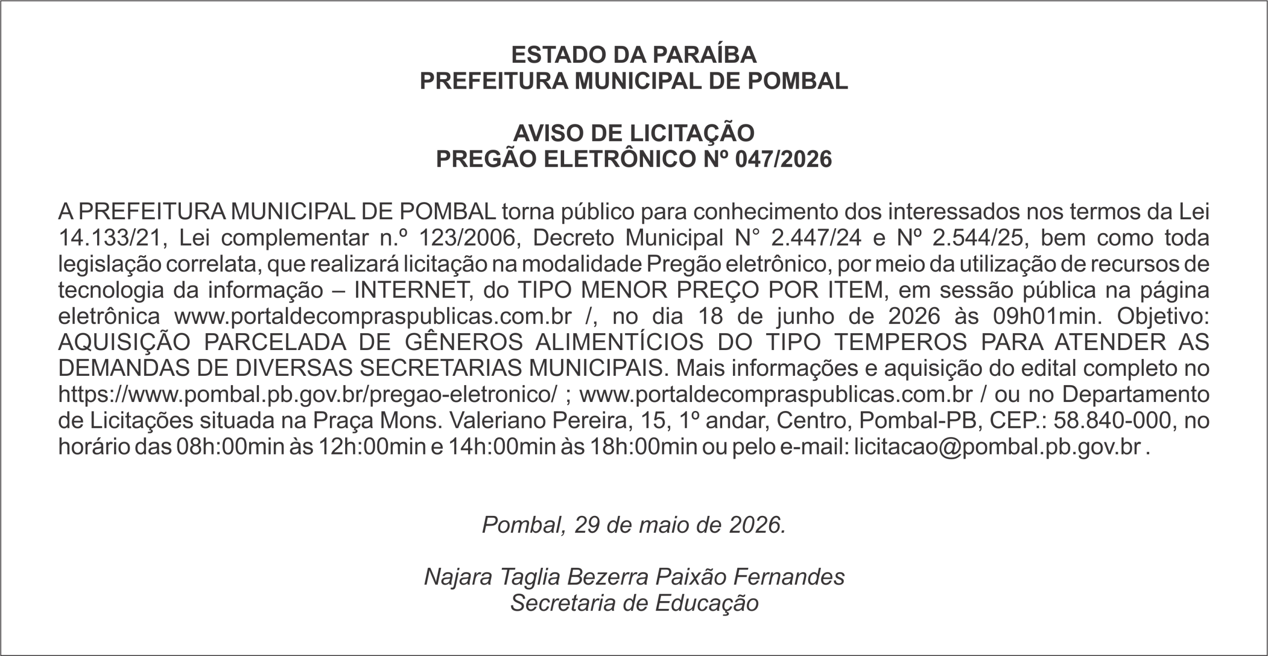 PREFEITURA MUNICIPAL DE POMBAL – AVISO DE LICITAÇÃO – PREGÃO ELETRÔNICO Nº 047/2026