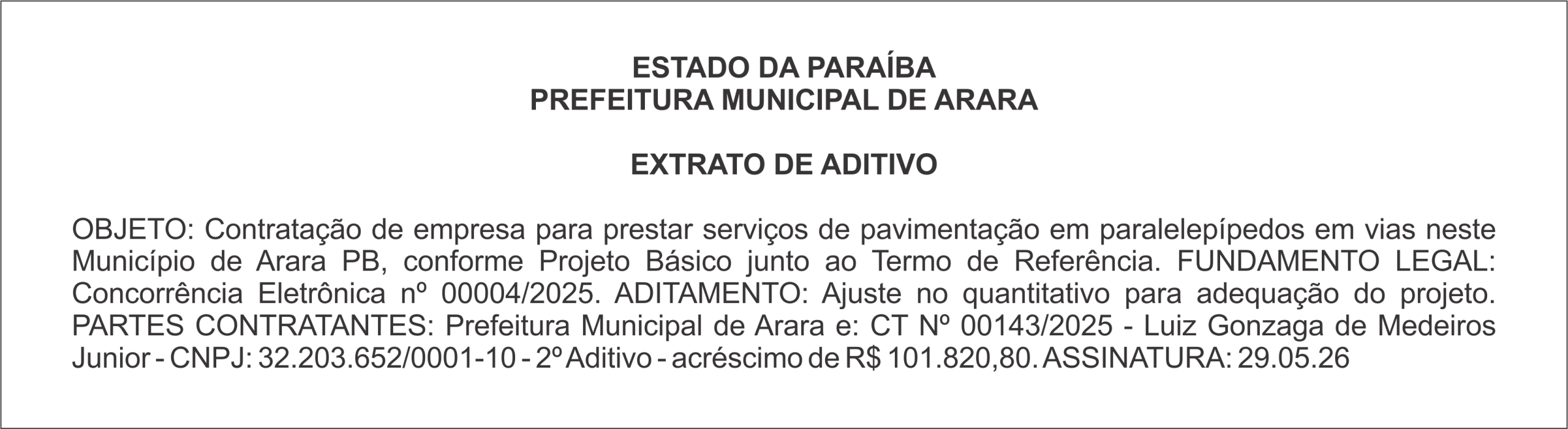 PREFEITURA MUNICIPAL DE ARARA – EXTRATO DE ADITIVO