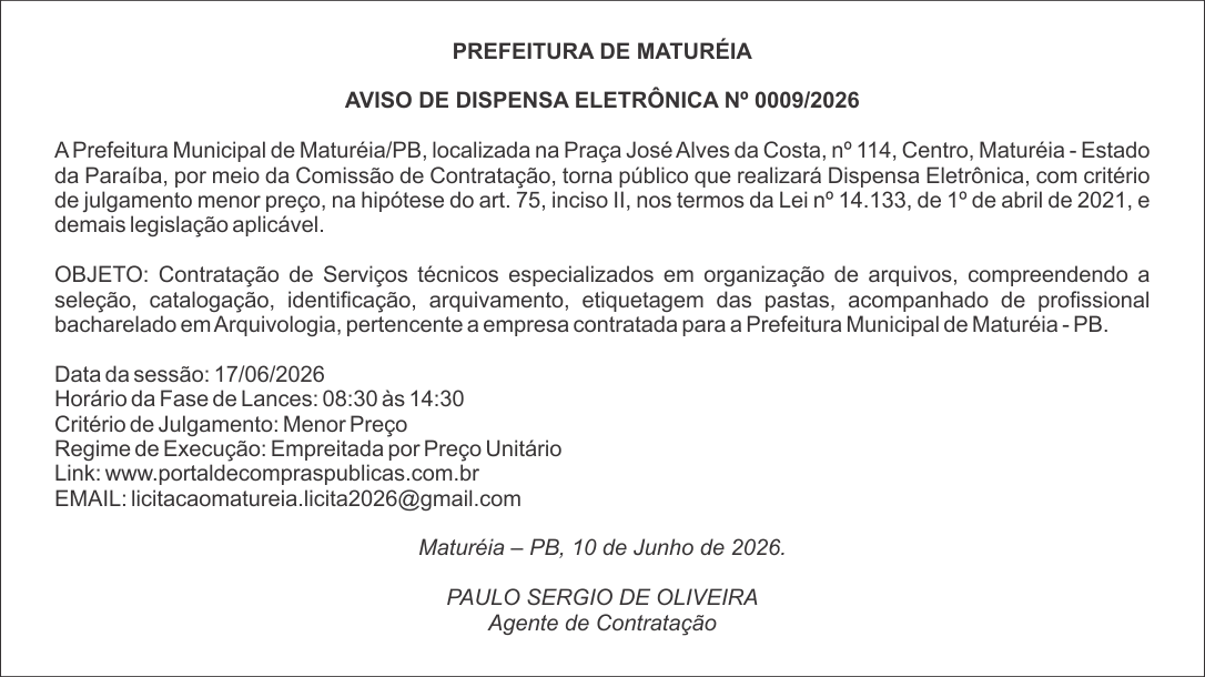 PREFEITURA MUNICIPAL DE MATUREIA – AVISO DE DISPENSA ELETRÔNICA Nº 0009/2026