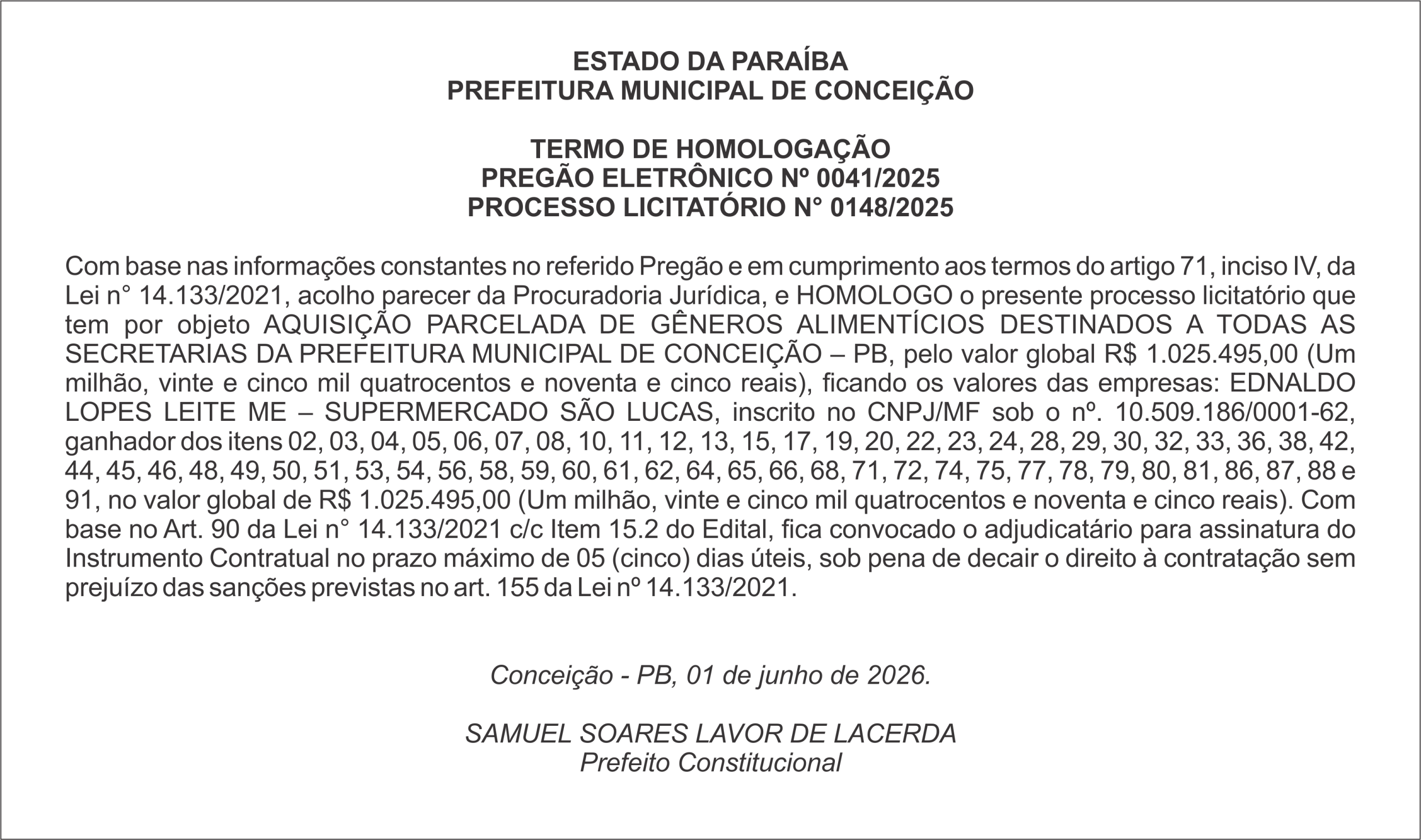 PREFEITURA MUNICIPAL DE CONCEIÇÃO – TERMO DE HOMOLOGAÇÃO