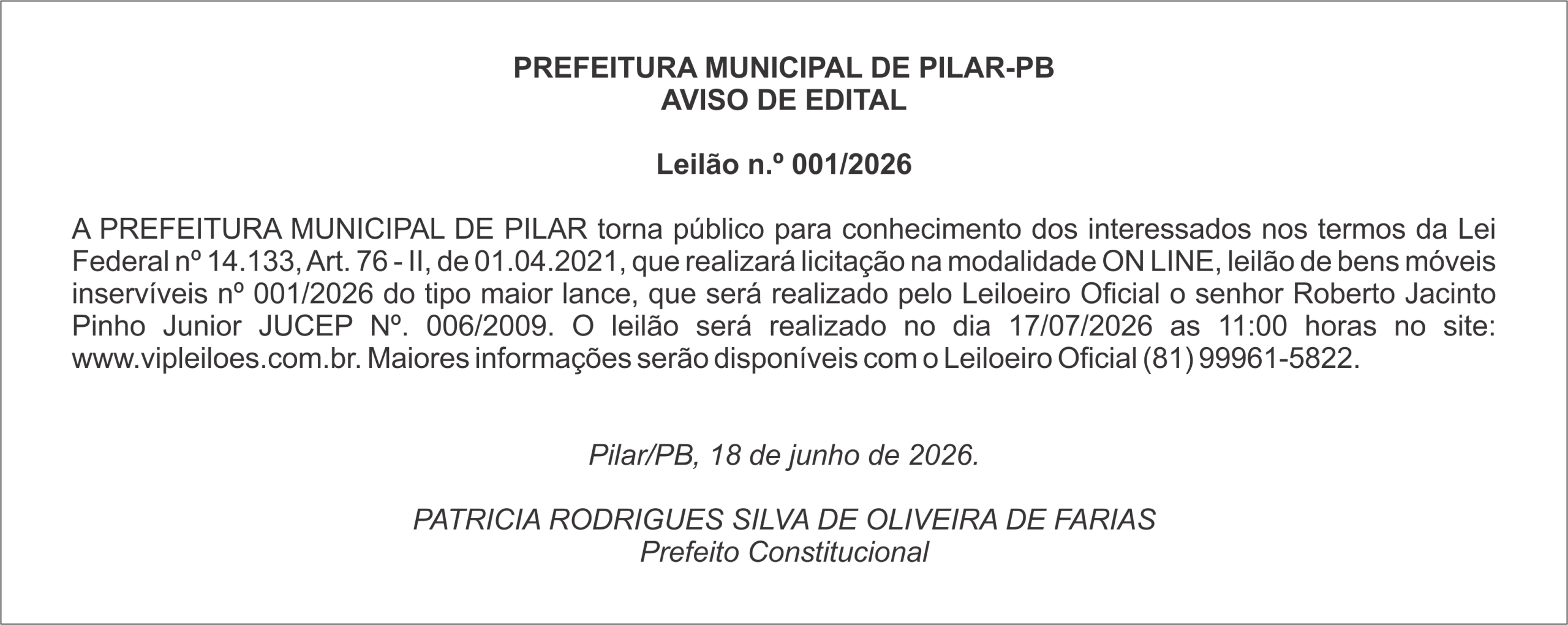 PREFEITURA MUNICIPAL DE PILAR-PB – AVISO DE EDITAL  Leilão n.º 001/2026