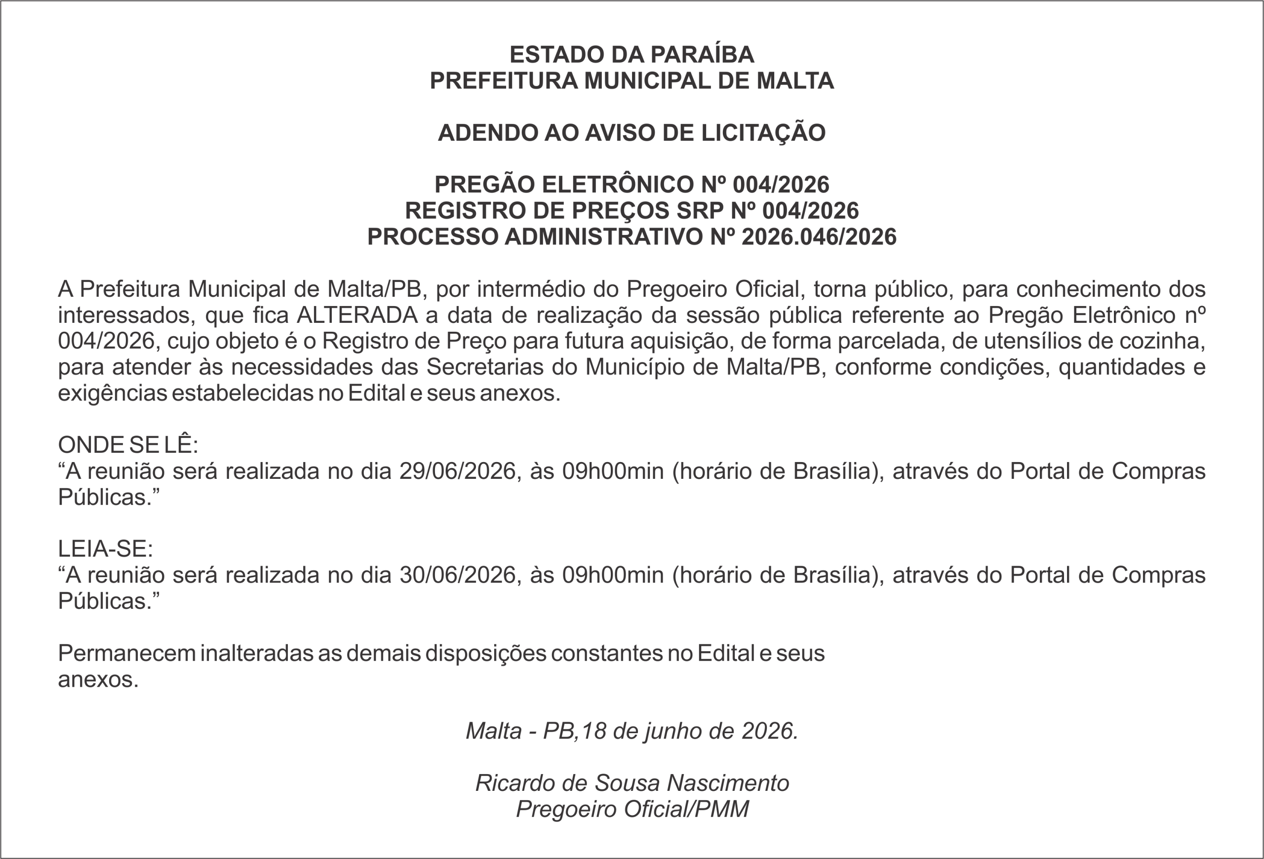 PREFEITURA MUNICIPAL DE MALTA – ADENDO AO AVISO DE LICITAÇÃO – PREGÃO ELETRÔNICO Nº 004/2026