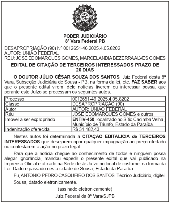 SECRETARIA NACIONAL DE SEGURANÇA HIDRICA – SNSH – MDR – DF – BRASÍLIA – Edital de Citação de Terceiro Interessado – ENTIV- 450 (JOSÉ EDOMARQUES GOMES)