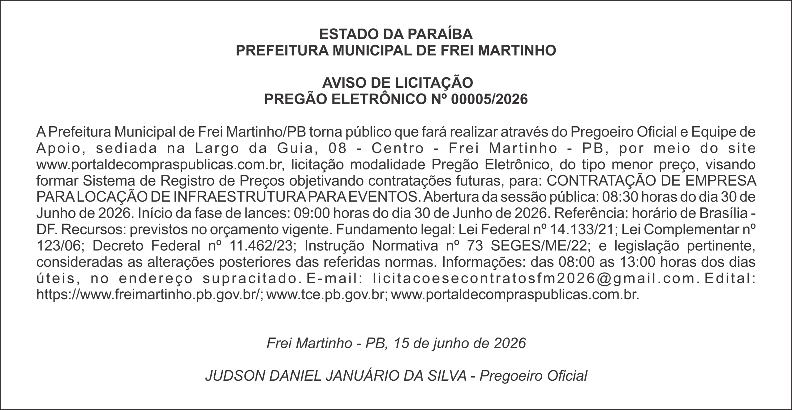 PREFEITURA MUNICIPAL DE FREI MARTINHO – AVISO DE LICITAÇÃO PREGÃO ELETRÔNICO Nº 00005/2026