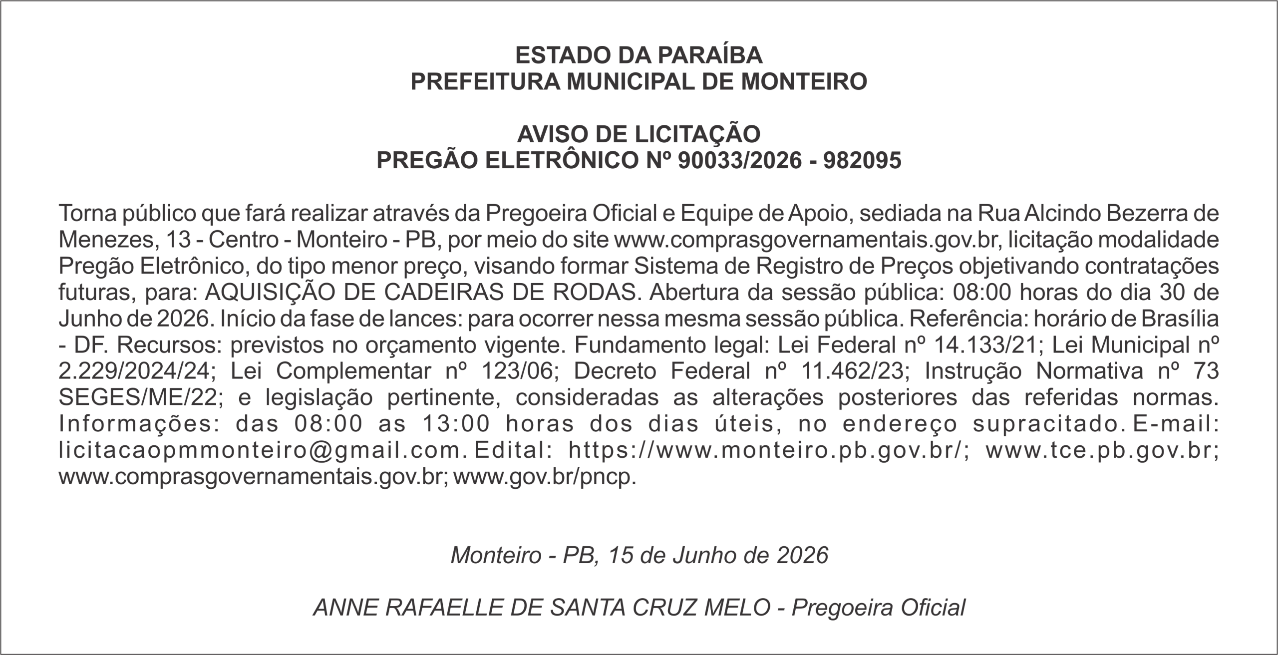 PREFEITURA MUNICIPAL DE MONTEIRO – AVISO DE LICITAÇÃO PREGÃO ELETRÔNICO Nº 90033/2026 – 982095