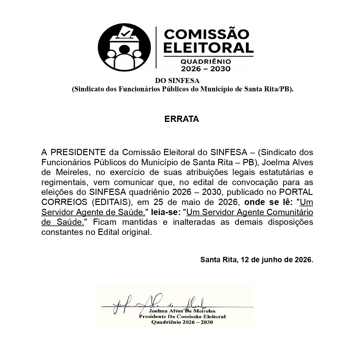 SINFESA – EDITAL DE ERRATA