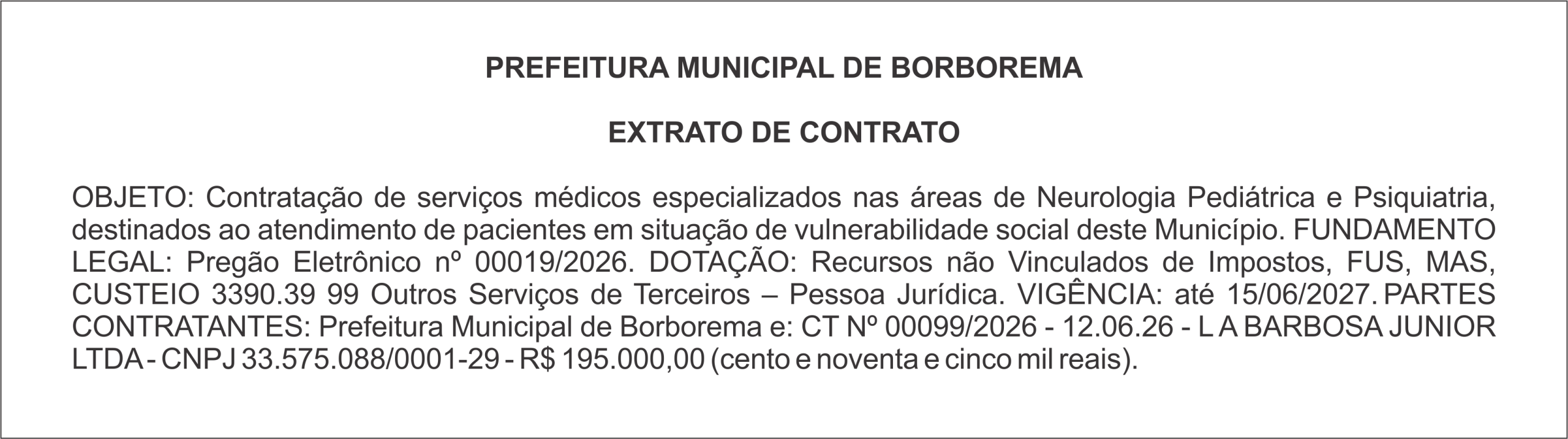 PREFEITURA MUNICIPAL DE BORBOREMA – EXTRATO DE CONTRATO