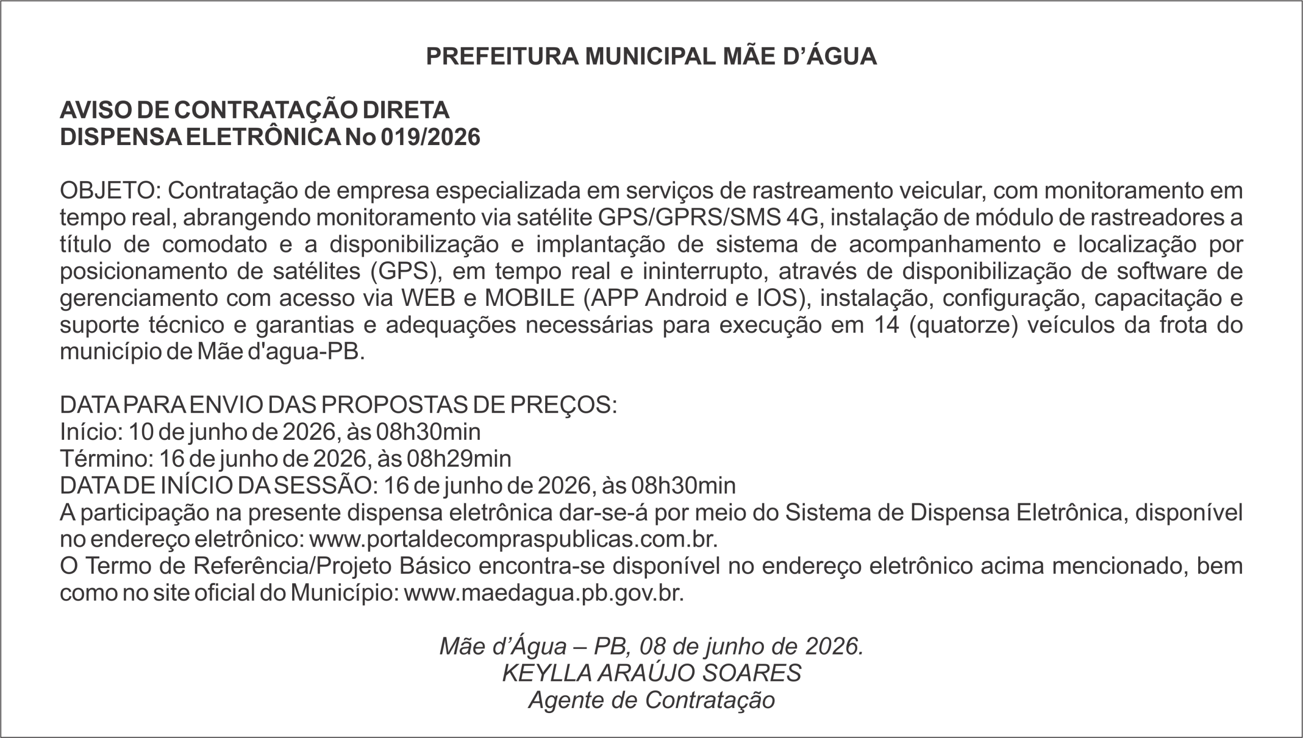 PREFEITURA DE MÃE D’ÁGUA – AVISO DE CONTRATAÇÃO DIRETA