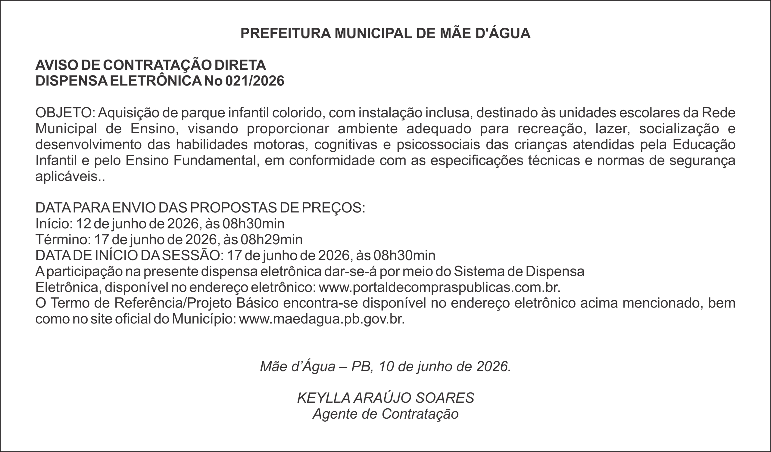 PREFEITURA DE MÃE D’ÁGUA – AVISO DE CONTRATAÇÃO DIRETA