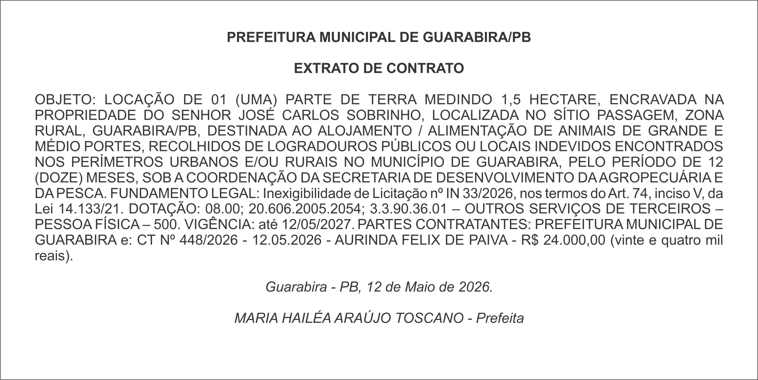 PREFEITURA MUNICIPAL DE GUARABIRA/PB EXTRATO DE CONTRATO