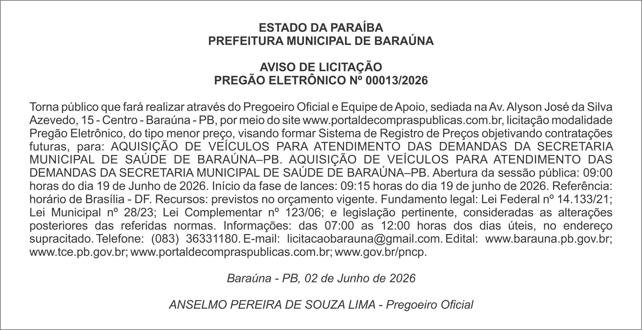 PREFEITURA MUNICIPAL DE BARAÚNA – AVISO DE LICITAÇÃO – PREGÃO ELETRÔNICO Nº 00013/2026