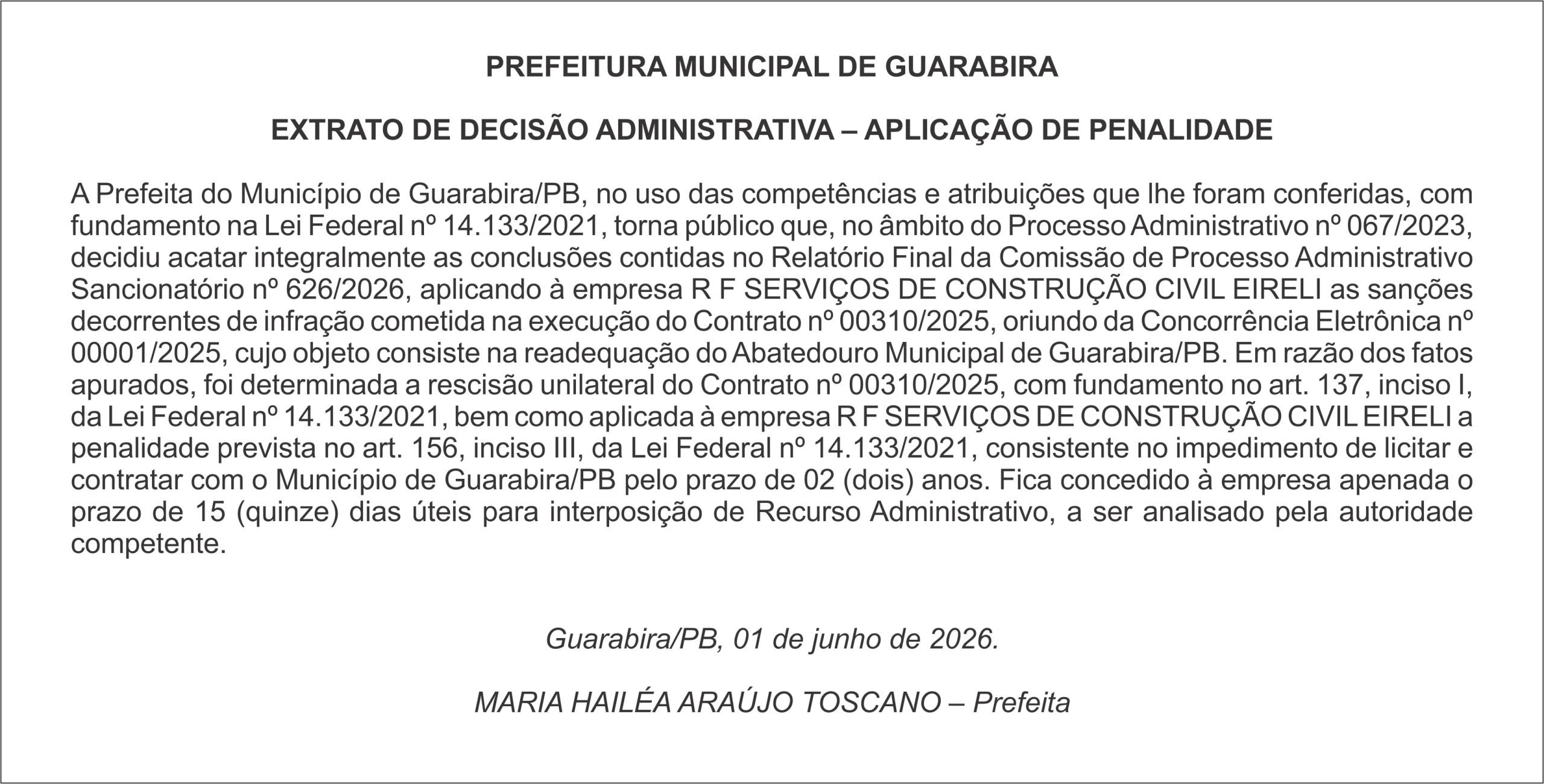 PREFEITURA MUNICIPAL DE GUARABIRA – EXTRATO DE DECISÃO ADMINISTRATIVA – APLICAÇÃO DE PENALIDADE