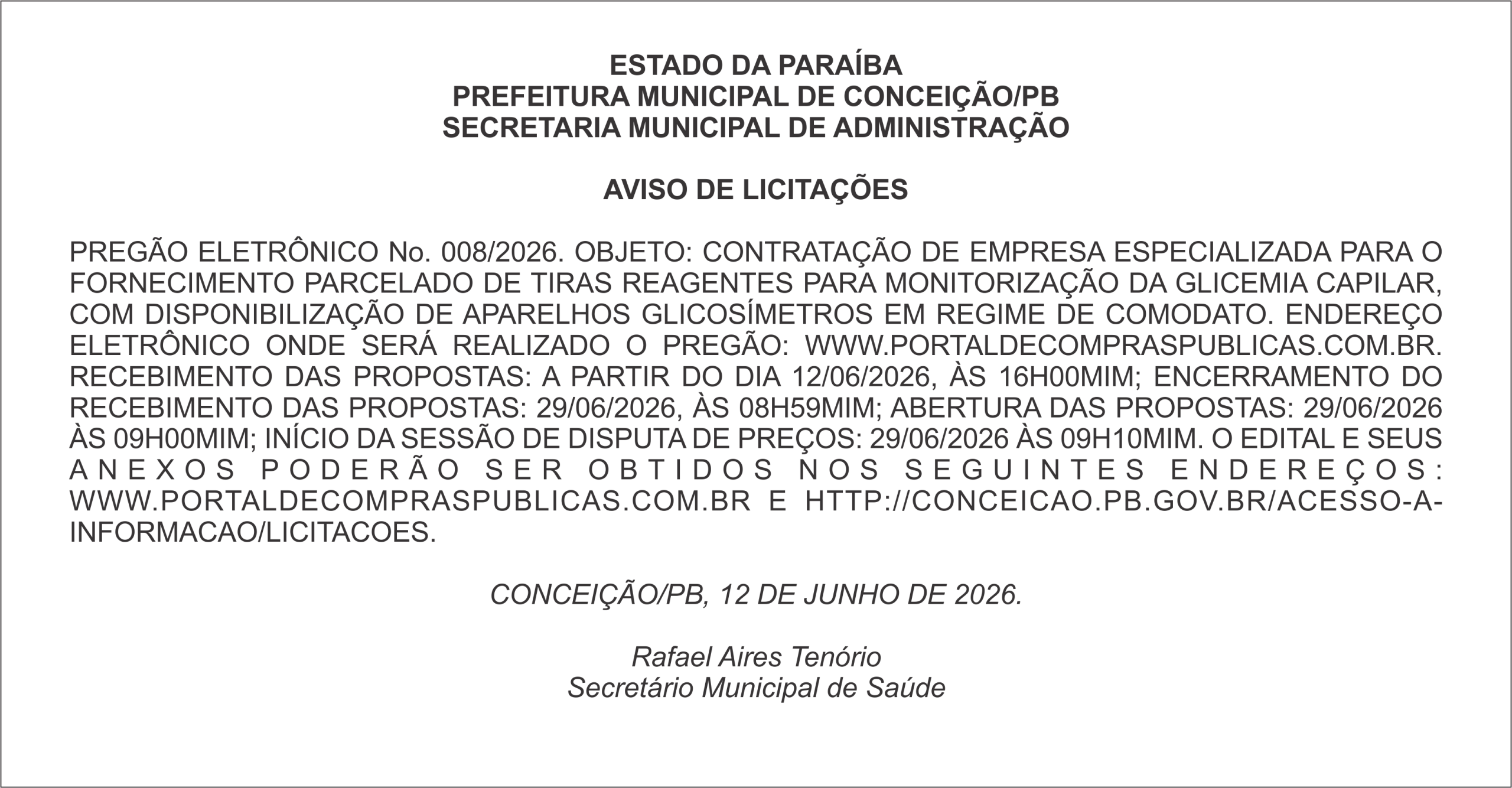PREFEITURA MUNICIPAL DE CONCEIÇÃO/PB – AVISO DE LICITAÇÕES – PREGÃO ELETRÔNICO No. 008/2026