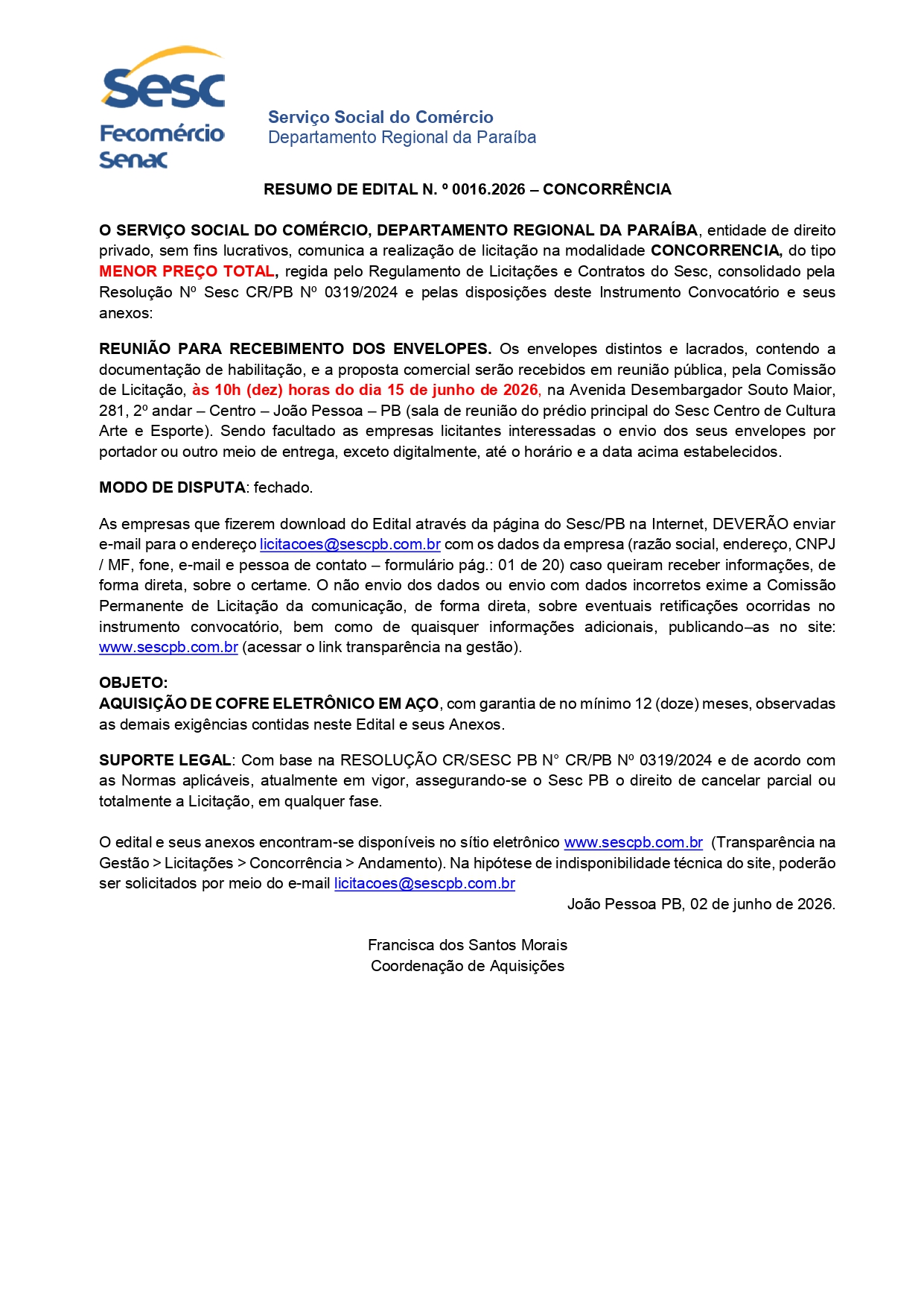 SESC – RESUMO DE EDITAL N. º 0016.2026 – CONCORRÊNCIA