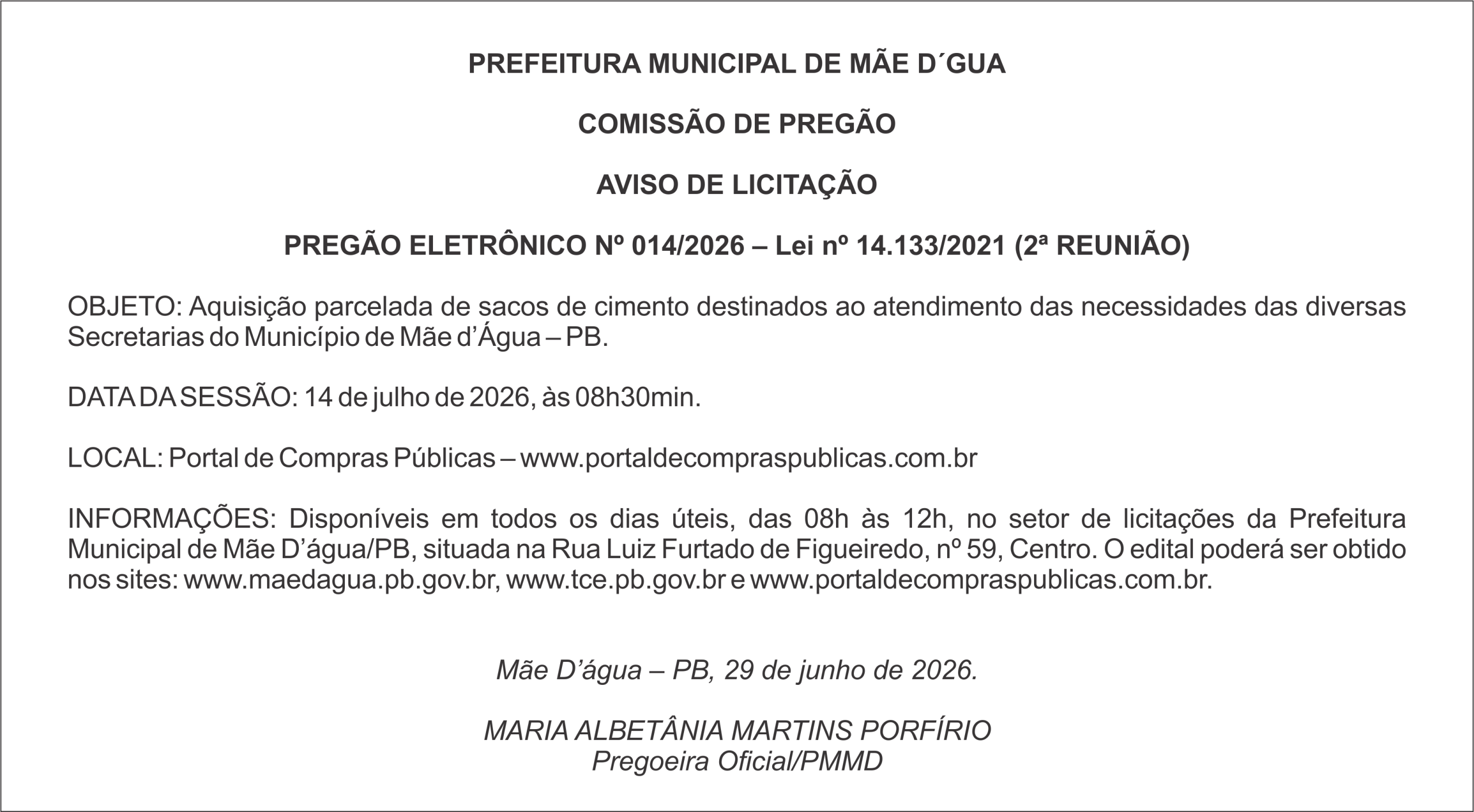 PREFEITURA DE MÃE D’ÁGUA – AVISO DE LICITAÇÃO  PREGÃO ELETRÔNICO Nº 014/2026