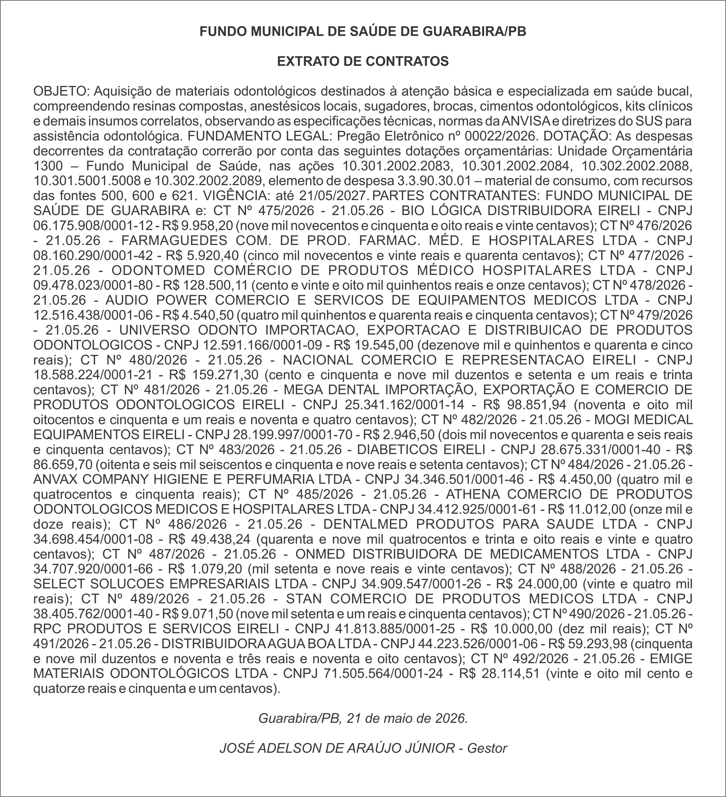 FUNDO MUNICIPAL DE SAÚDE DE GUARABIRA/PB  EXTRATO DE CONTRATOS