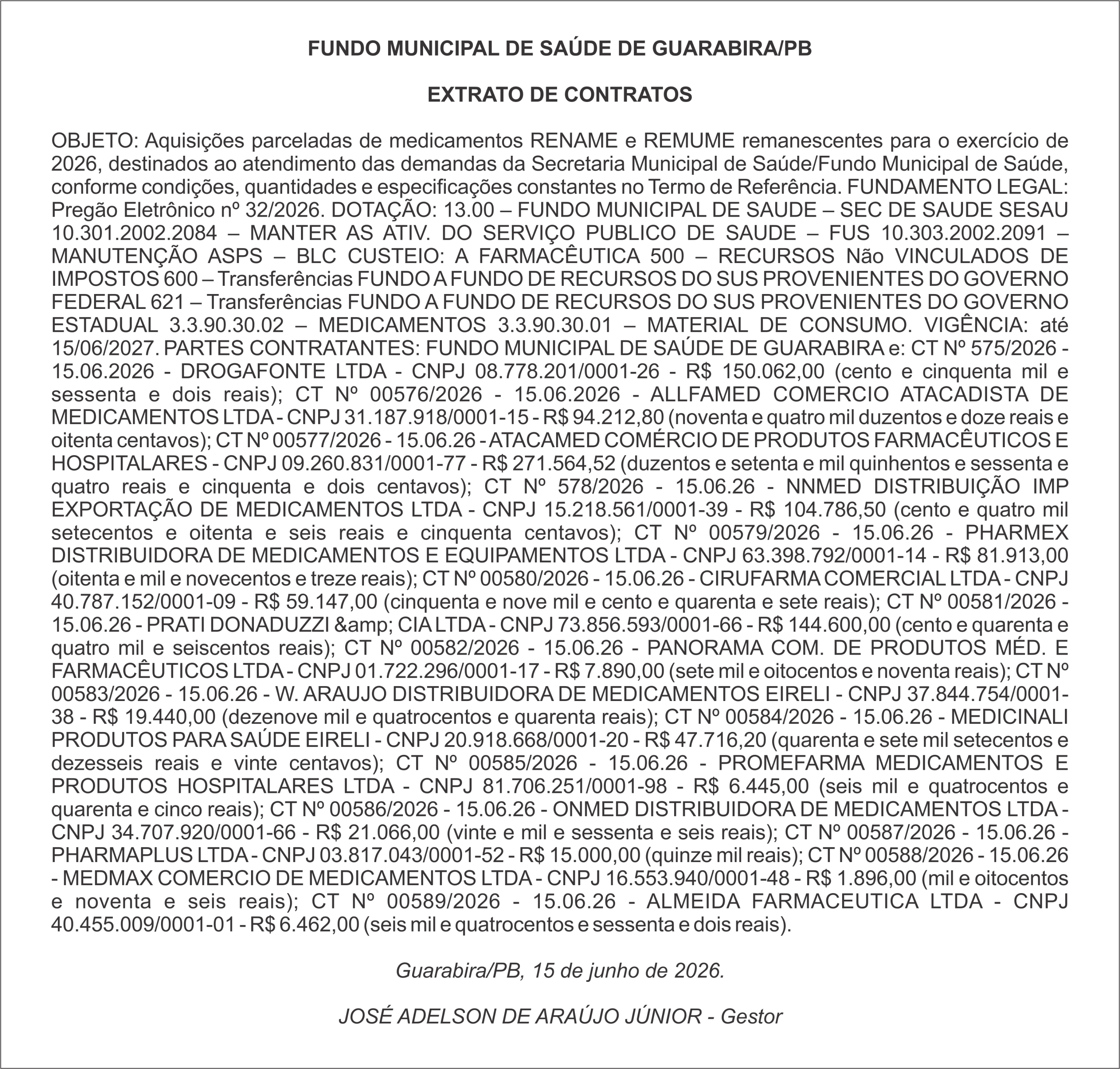 FUNDO MUNICIPAL DE SAÚDE DE GUARABIRA/PB  EXTRATO DE CONTRATOS