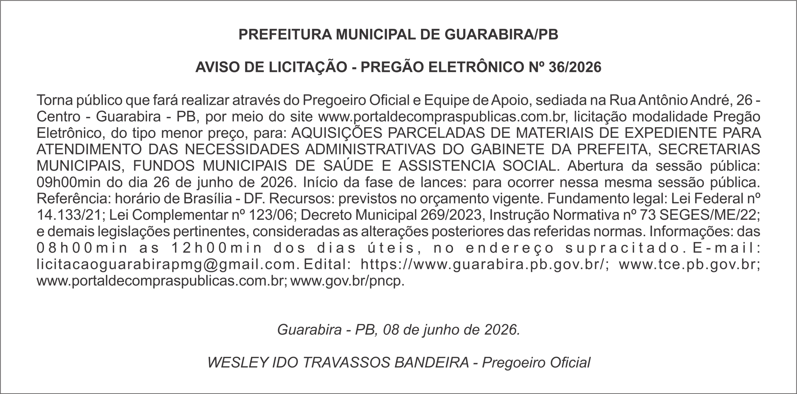 PREFEITURA MUNICIPAL DE GUARABIRA/PB  AVISO DE LICITAÇÃO – PREGÃO ELETRÔNICO Nº 36/2026