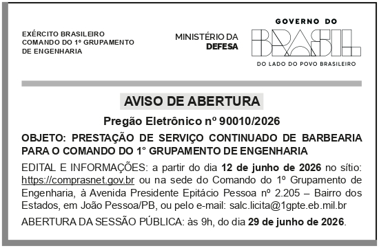 CMDO 1º GPTE – JOÃO PESSOA – PB – COMANDO DO 1º GRUPAMENTO DE ENGENHARIA – Abertura Pregão 90010/2026