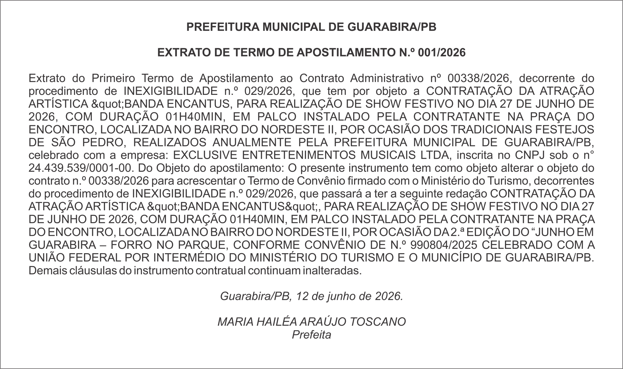 PREFEITURA MUNICIPAL DE GUARABIRA/PB EXTRATO DE TERMO DE APOSTILAMENTO N.º 001/2026