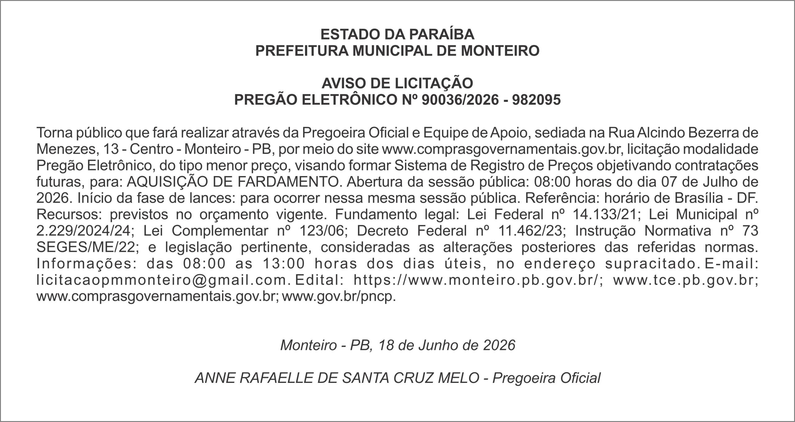 PREFEITURA MUNICIPAL DE MONTEIRO – AVISO DE LICITAÇÃO – PREGÃO ELETRÔNICO Nº 90036/2026 – 982095