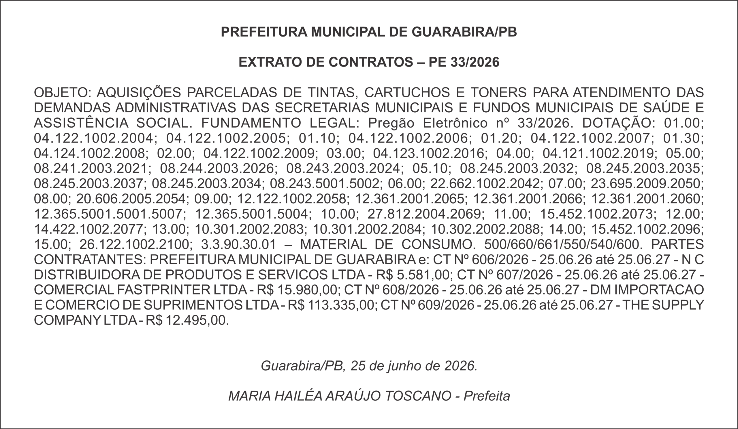 PREFEITURA MUNICIPAL DE GUARABIRA/PB – EXTRATO DE CONTRATOS – PE 33/2026