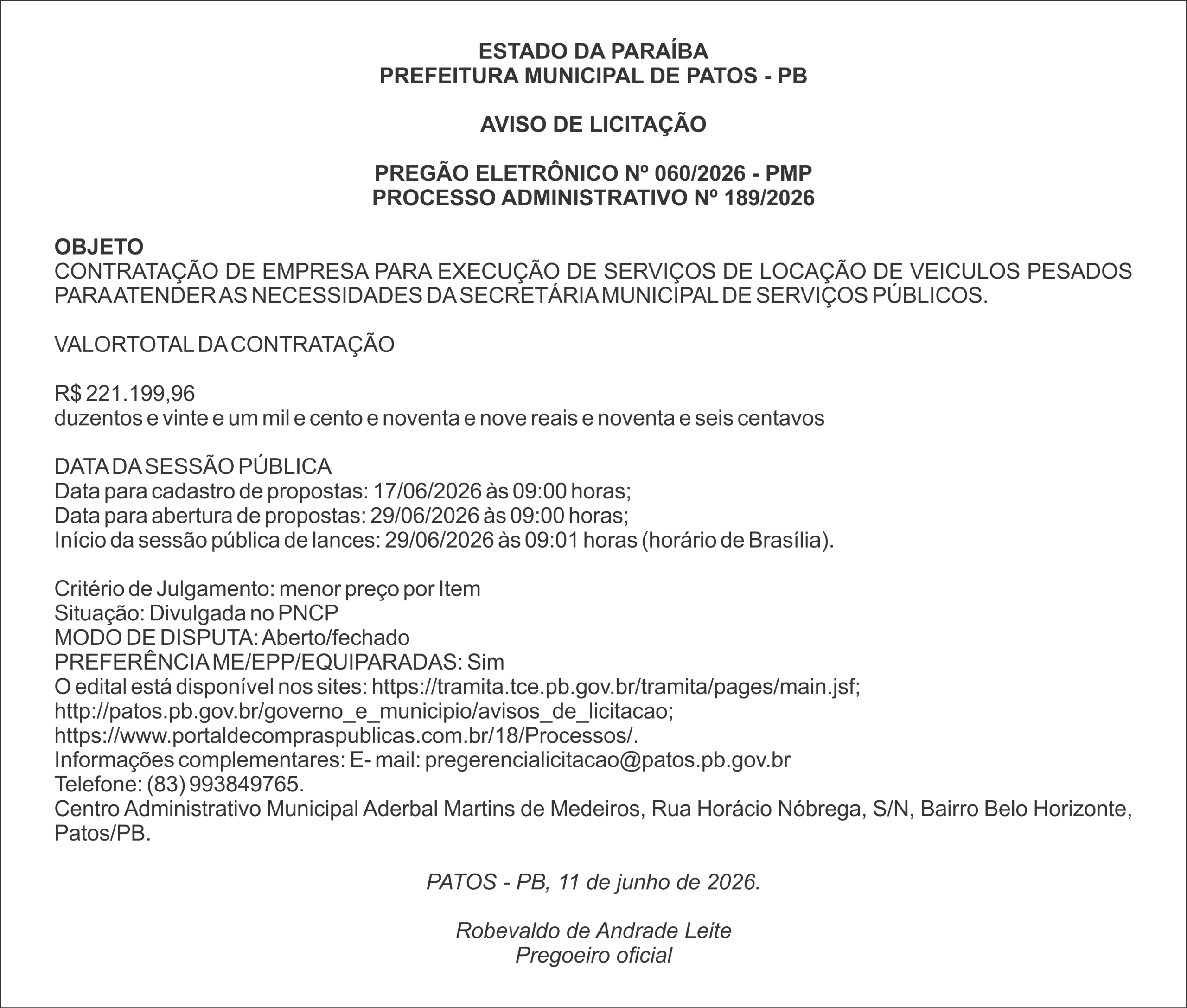 PREFEITURA MUNICIPAL DE PATOS – PB PREGÃO ELETRÔNICO Nº 060/2026 – PMP