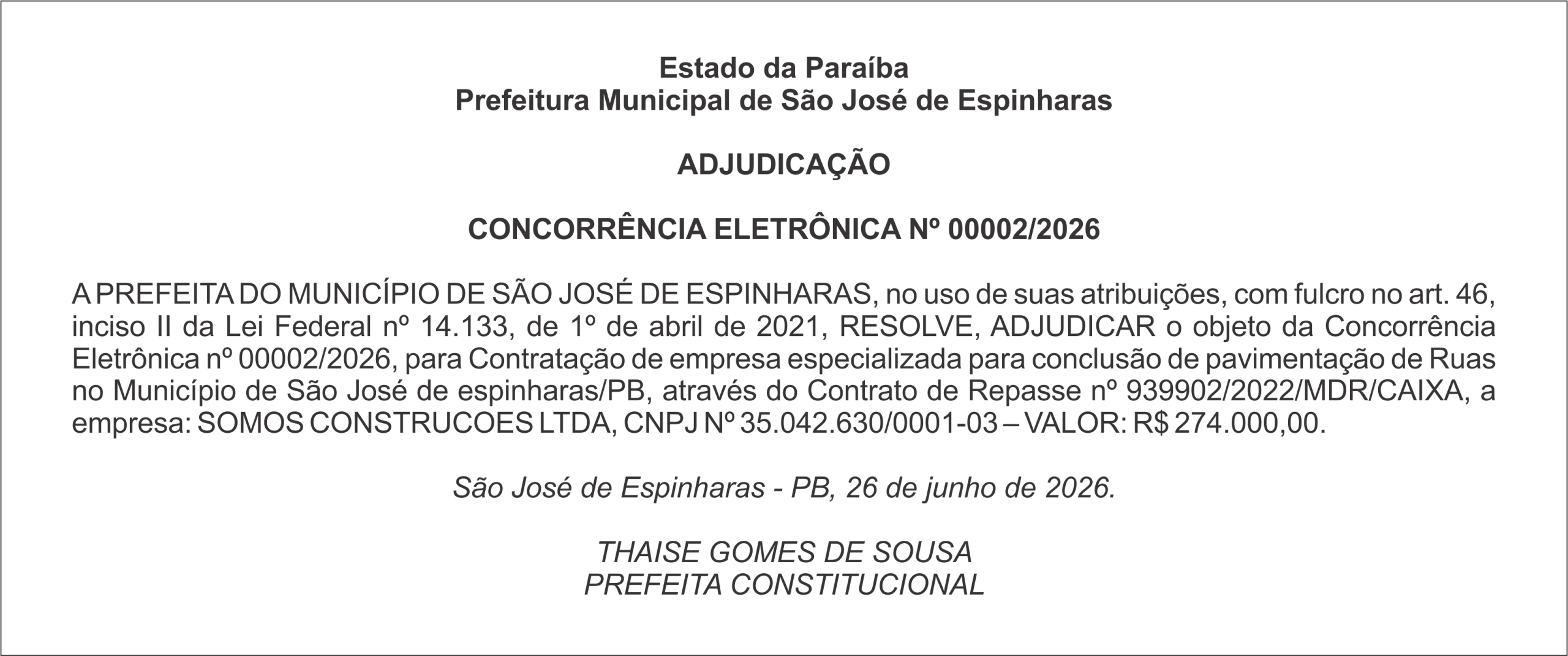 PREFEITURA DE SÃO JOSÉ DE ESPINHARAS – ADJUDICAÇÃO