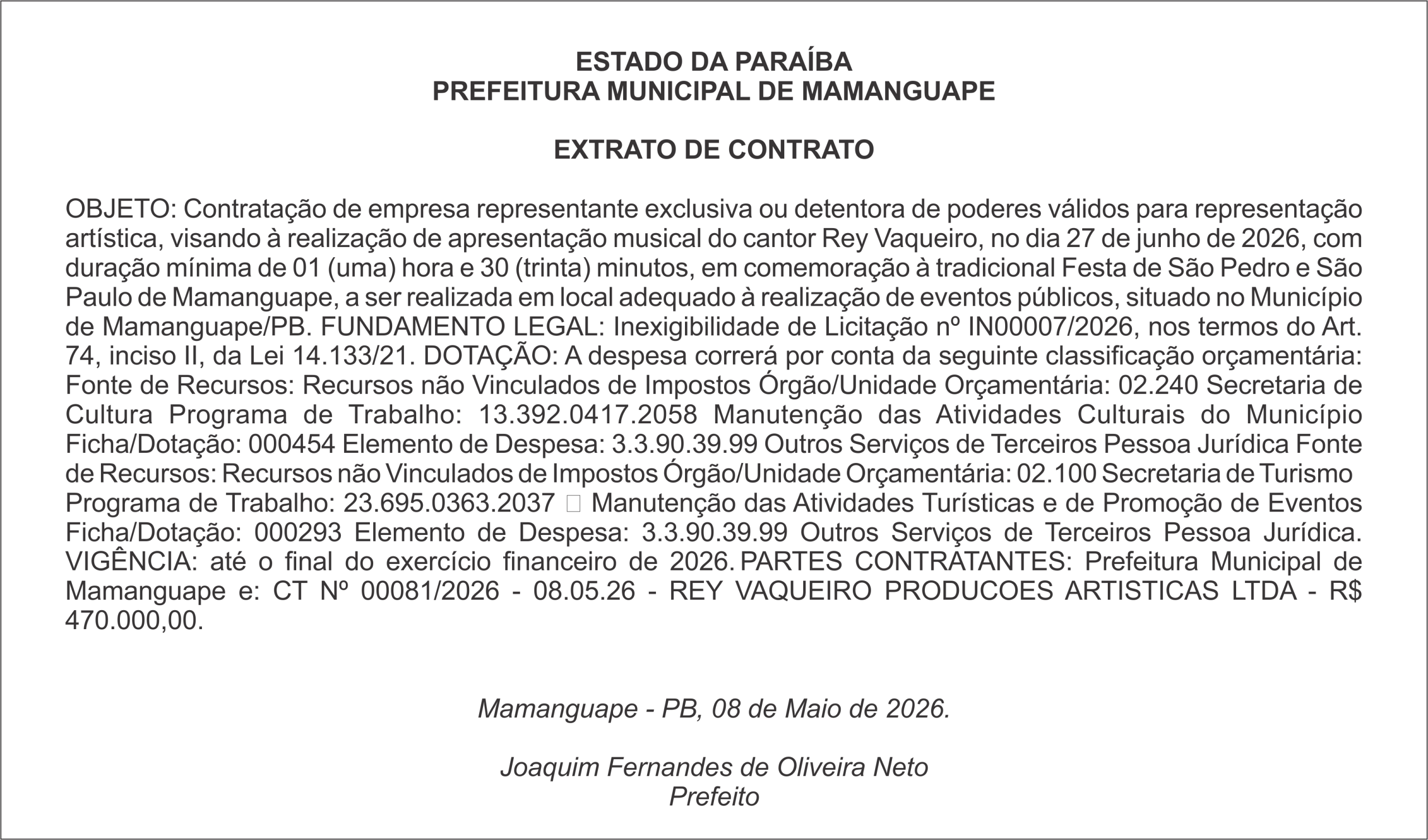 PREFEITURA MUNICIPAL DE MAMANGUAPE – EXTRATO DE CONTRATO