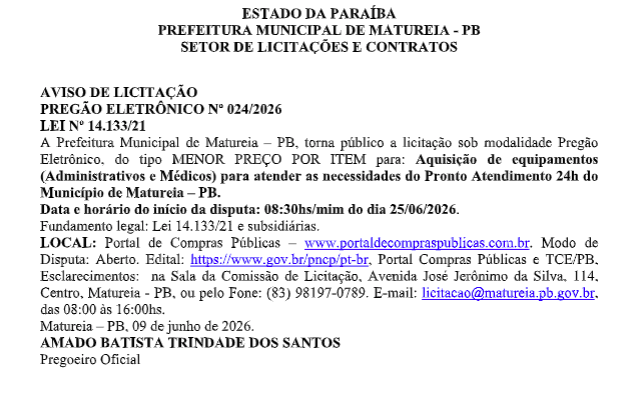 PREFEITURA MUNICIPAL DE MATUREIA – PB – AVISO DE LICITAÇÃO PREGÃO ELETRÔNICO Nº 024/2026