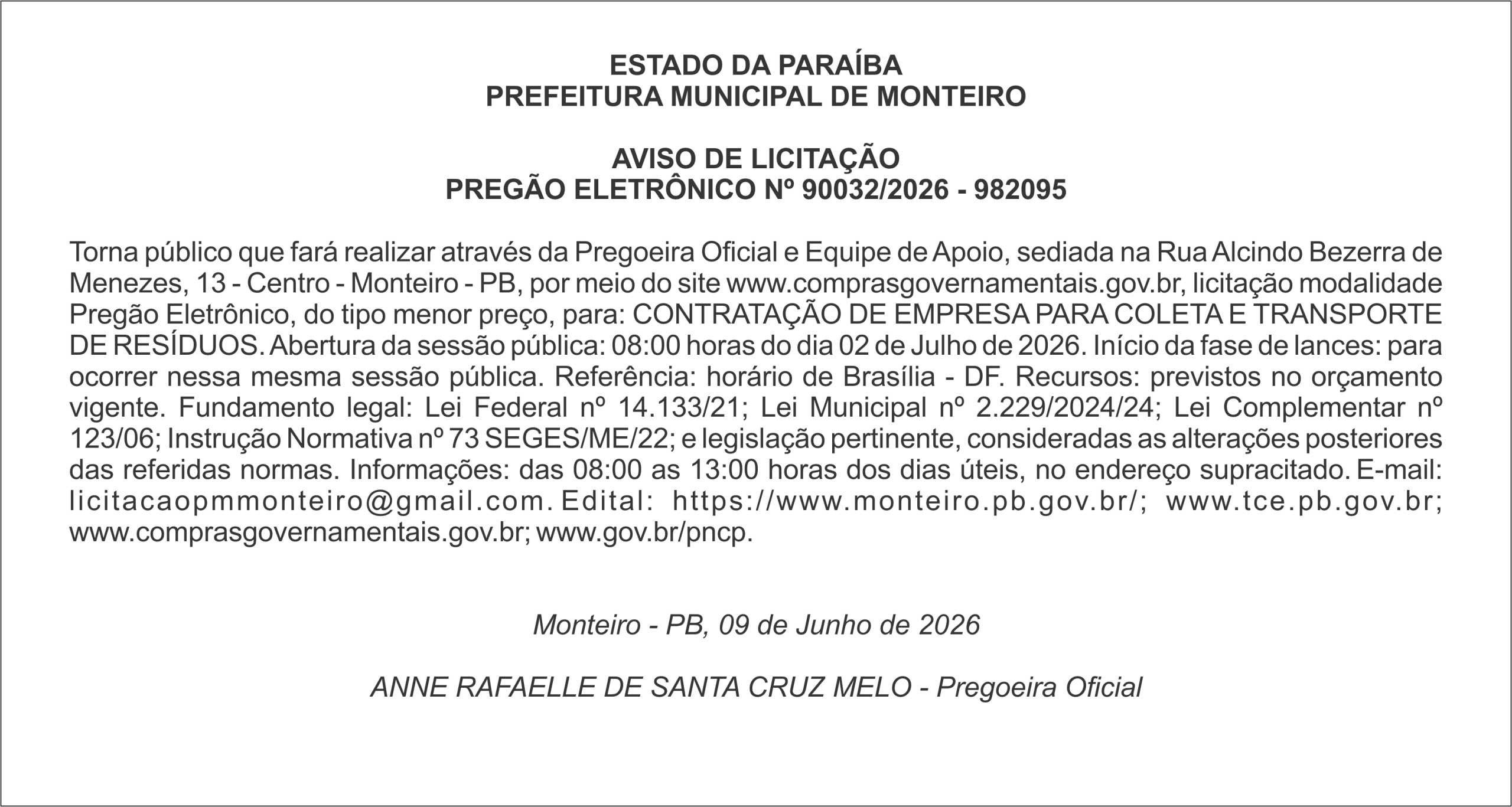 PREFEITURA MUNICIPAL DE MONTEIRO – AVISO DE LICITAÇÃO PREGÃO ELETRÔNICO Nº 90032/2026 – 982095