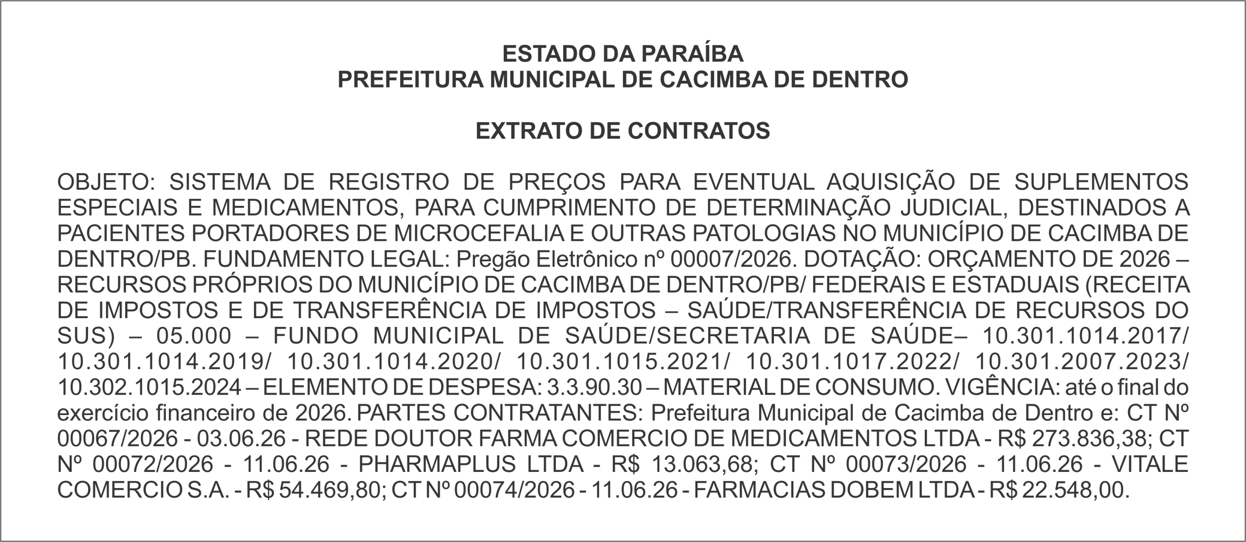 PREFEITURA MUNICIPAL DE CACIMBA DE DENTRO EXTRATO DE CONTRATOS