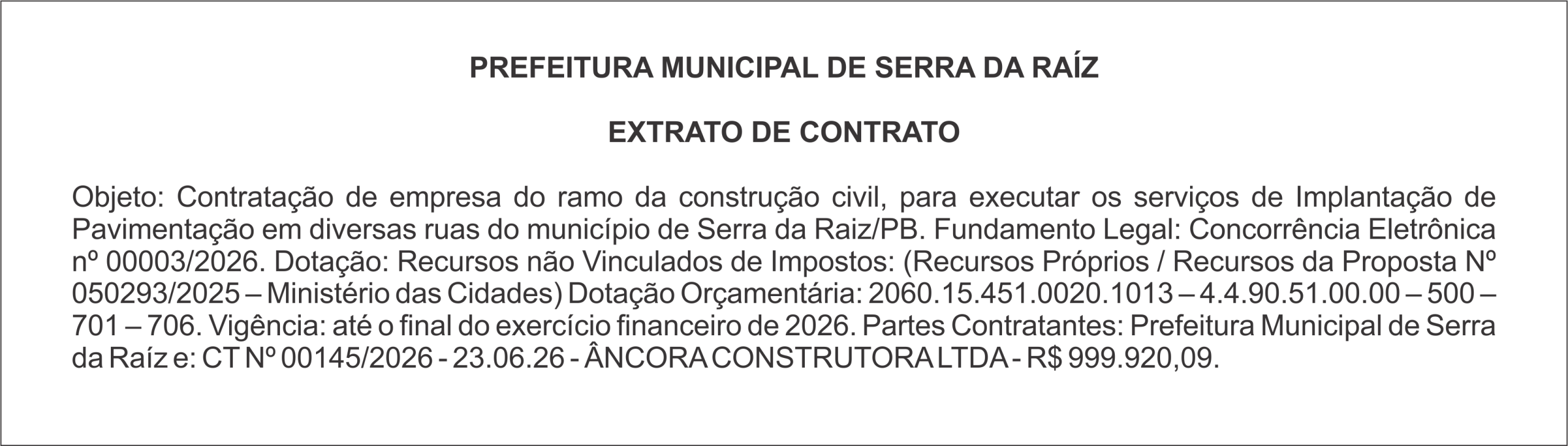 PREFEITURA MUNICIPAL DE SERRA DA RAÍZ – EXTRATO DE CONTRATO