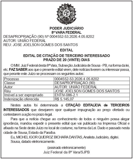 SECRETARIA NACIONAL DE SEGURANÇA HIDRICA – SNSH – MDR – DF – BRASÍLIA – Edital de Citação de Terceiro Interessado – ENTIV- 086 -2.1 (JOSÉ JOELSON GOMES DOS SANTOS)