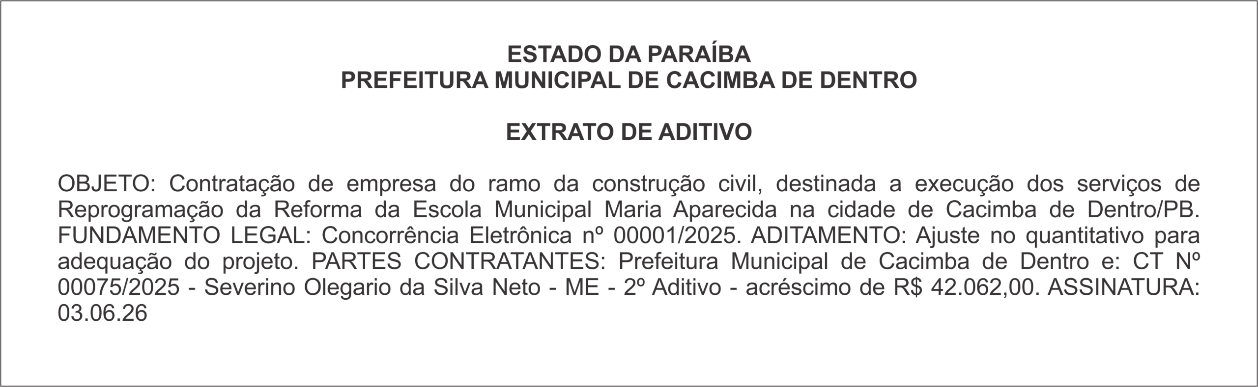 PREFEITURA MUNICIPAL DE CACIMBA DE DENTRO – EXTRATO DE ADITIVO